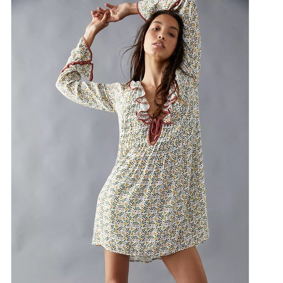 NEW Free People Blossom Baby Mini Dress Long Sleeve Ruffle Pleated - Picture 1 of 8
